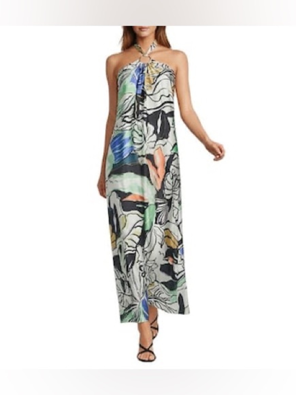 NWT ELAN Botanical Print Ring Halter Neck A-Line Maxi Dress Resortwear S